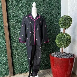 Black Silk Pant Set w/Pink parasol, Trim & Green parasol embroidered Accents